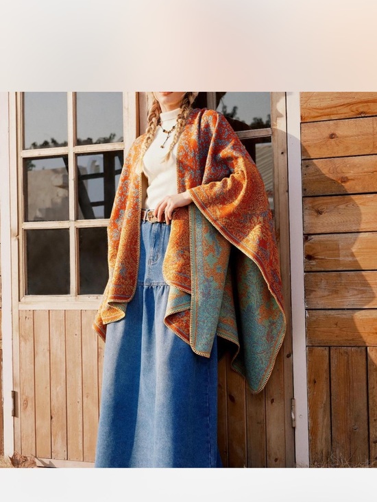 Cider Sweaters - Cider Orange & Teal Paisley Knit Shawl Poncho